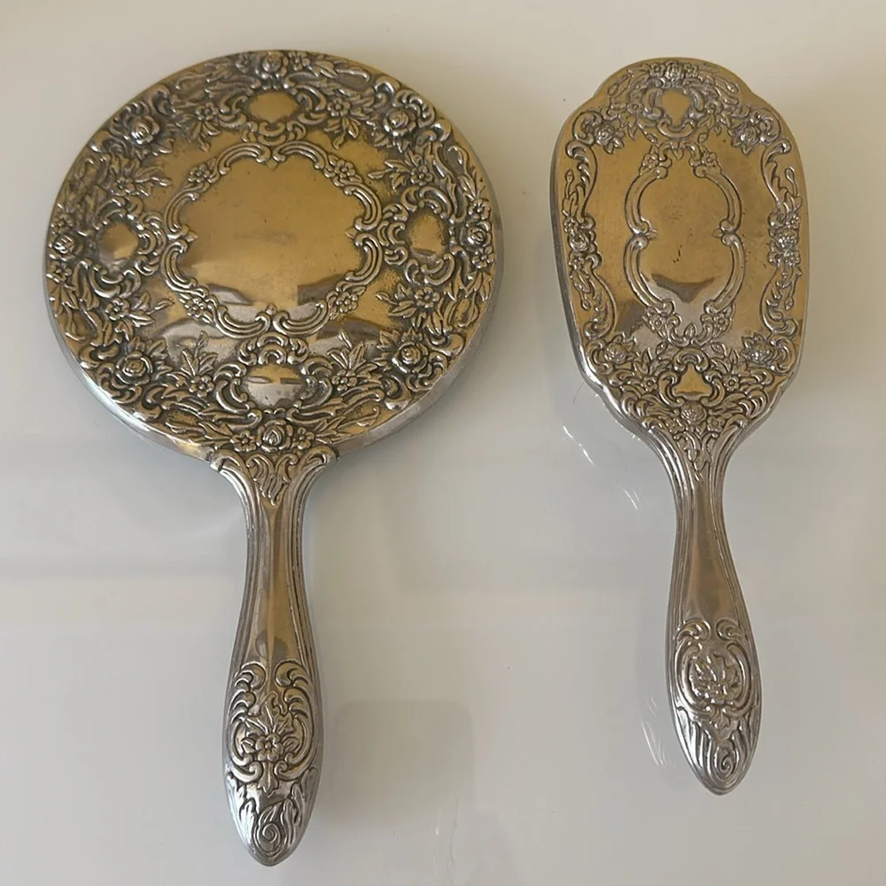 Vanity Hand Held Mirror and Brush Set Ornate Victorian Silverplate